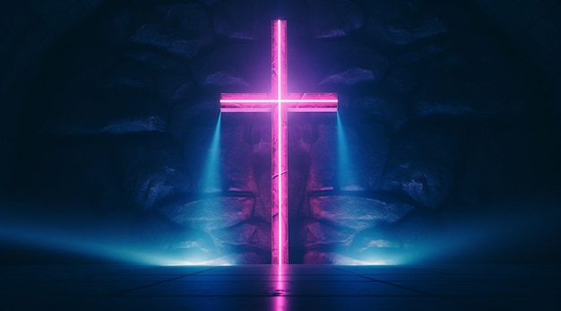 View of 3d bright neon religious cross