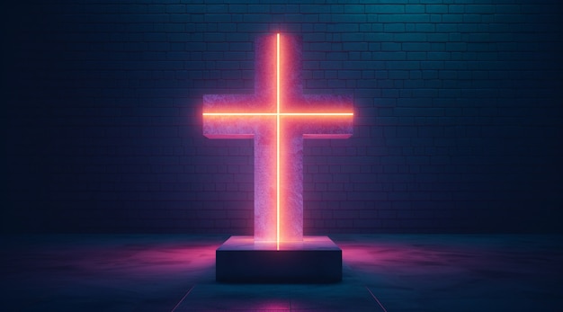 Foto gratuita vista della croce religiosa al neon luminosa 3d