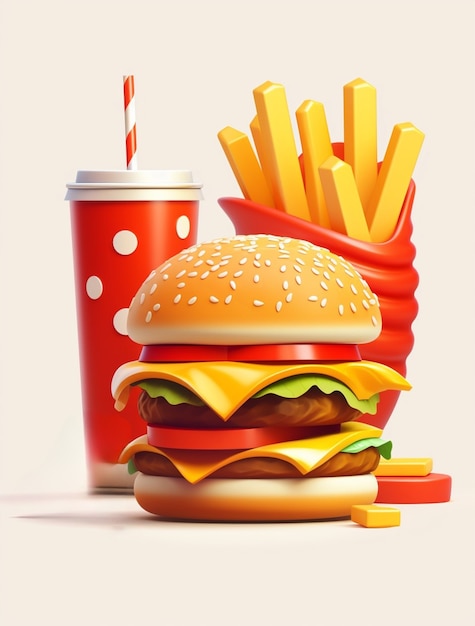 Free photo view of 3d burger meal with french fries