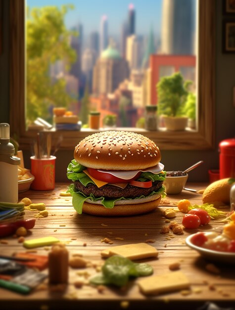 Вид на 3D-гамбургер возле окна с видом на город