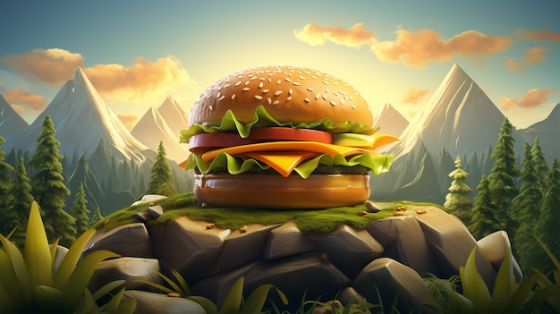 Foto gratuita vista dell'hamburger 3d con uno scenario naturale