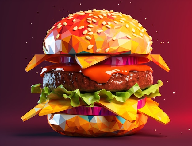 Foto gratuita vista dell'hamburger 3d con effetto poli