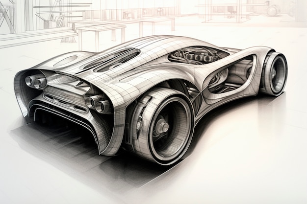 View of 3d car in sketch style