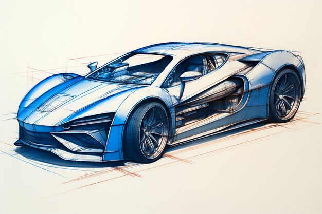 View of 3d car in sketch style