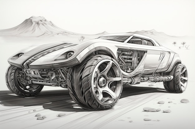 View of 3d car in sketch style