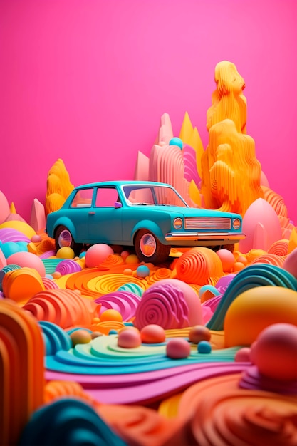 View of 3d car with abstract landscape