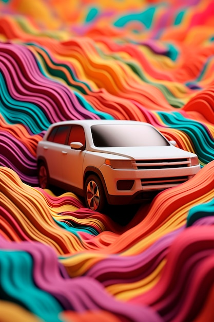 View of 3d car with abstract landscape
