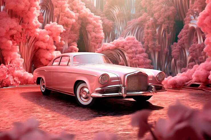 Free Photo view of 3d car with pink abstract nature landscape