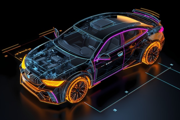 View of 3d car with sketch effect