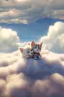 Free photo view of 3d cat and dog with fluffy clouds