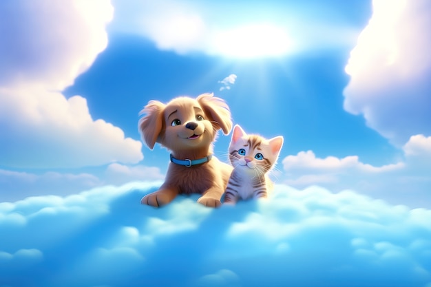 Free photo view of 3d cat and dog with fluffy clouds