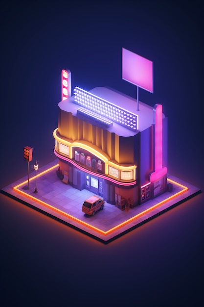 Foto gratuita vista dell'edificio cinematografico 3d con luci al neon luminose