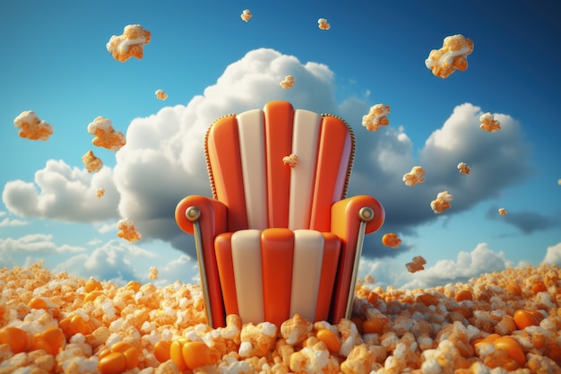 View of 3d cinema theater seating with sky and popcorn