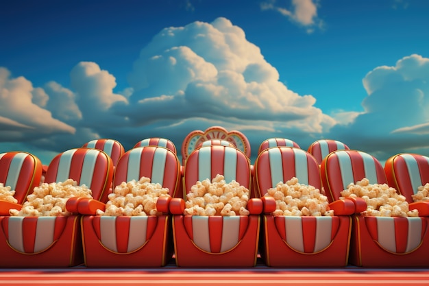 Free photo view of 3d cinema theater seating with sky and popcorn