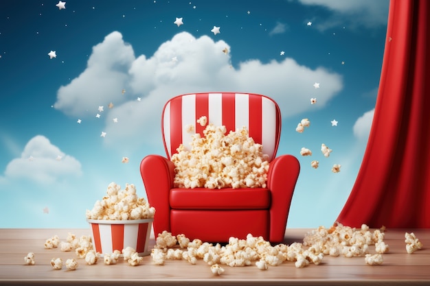Free photo view of 3d cinema theater seating with sky and popcorn