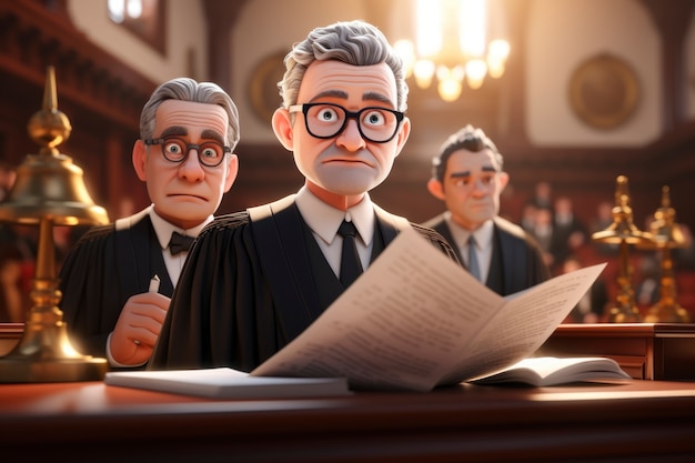 弁護士の日を祝うための 3D 裁判所のシーンをご覧いただけます