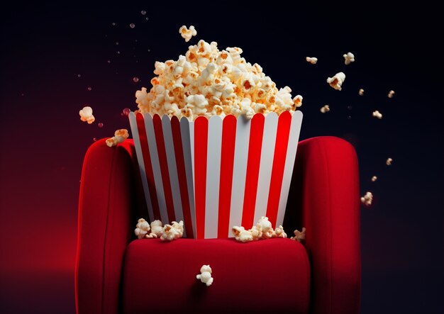 View of 3d cup of popcorn with cinema seat