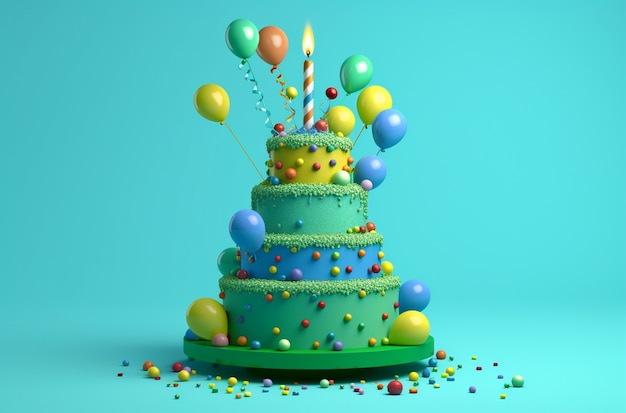 Вид на трехмерный восхитительно выглядящий торт со свечой и воздушными шарами