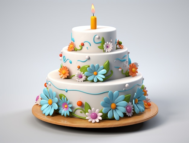 Free photo view of 3d delicious looking cake with candle and flowers