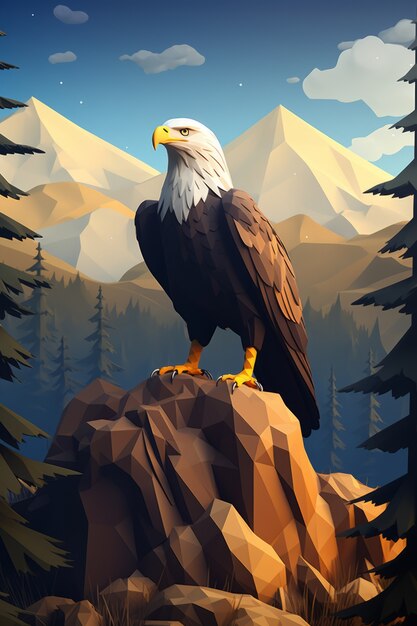 View of 3d eagle with mountainous landscape