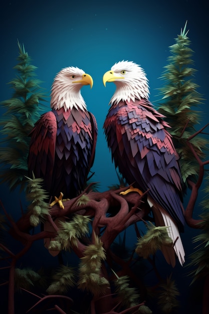 Free photo view of 3d eagles on tree branch