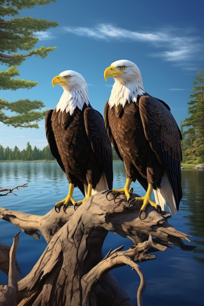 Free photo view of 3d eagles on tree branch