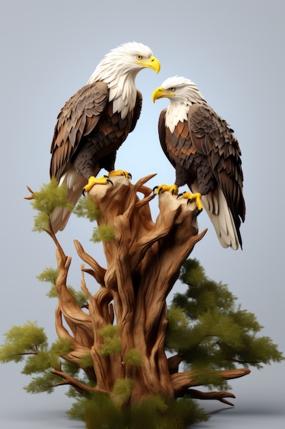 Вид 3D орлов на ветке дерева