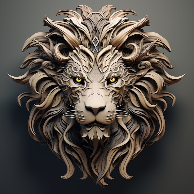 View of 3d ferocious lion head with \mane