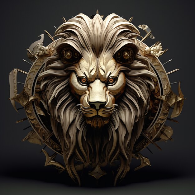 View of 3d ferocious lion head with \mane