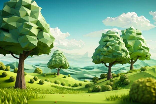 산과 하늘이 있는 3D 숲 풍경 보기