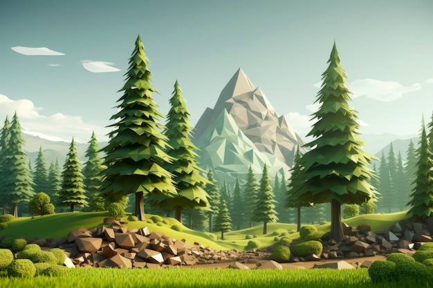 Вид на 3D лесной пейзаж с горами и небом