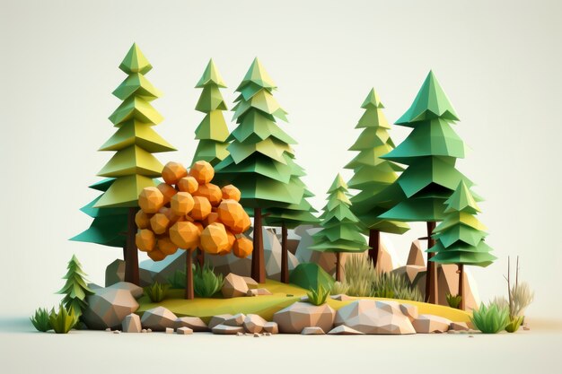 View of 3d geometric landscape with trees and rocks