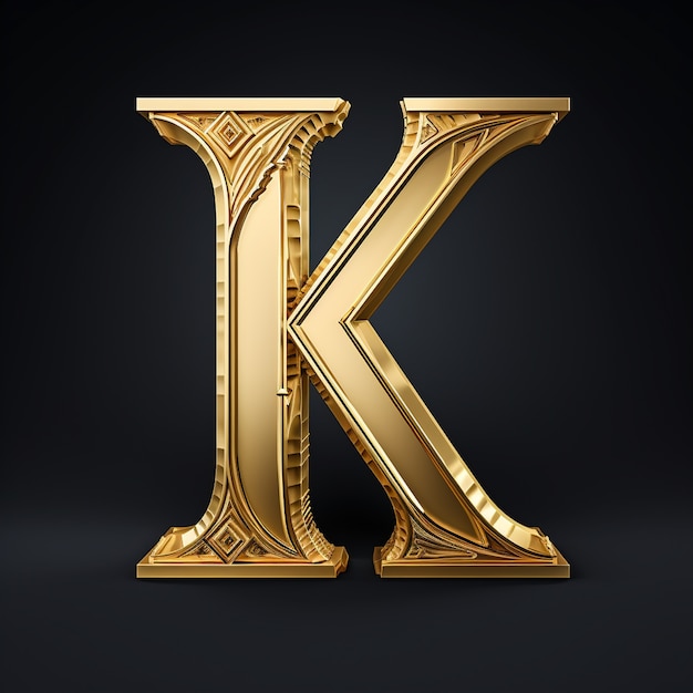 View of 3d golden letter k with simple background