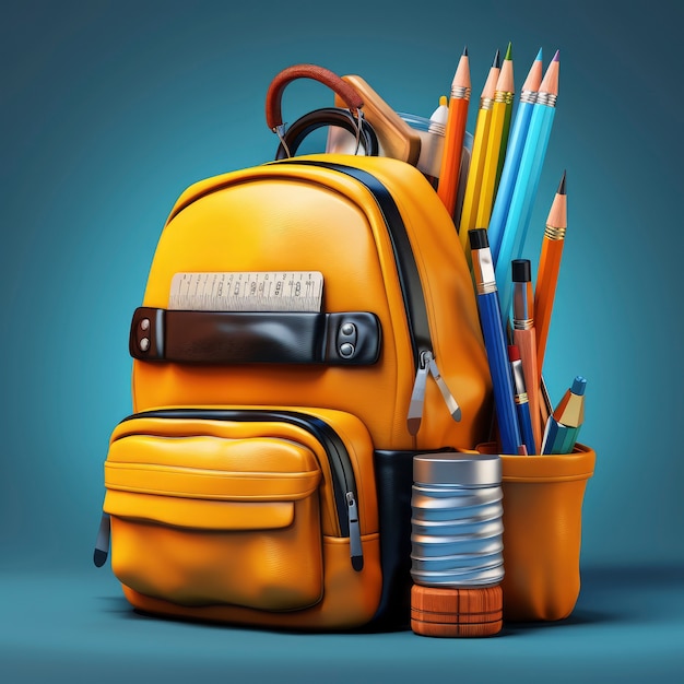 View of 3d graphic book bag with pencils