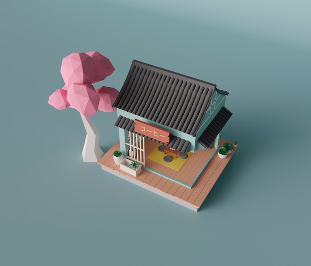 View of 3d house in japanese style with tree