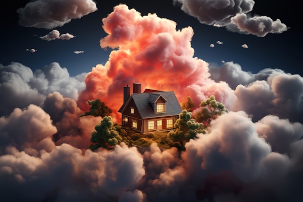 Free photo view of 3d house with clouds