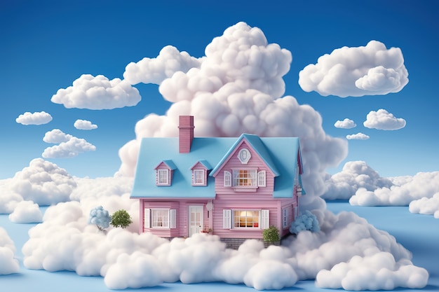 Free photo view of 3d house with clouds