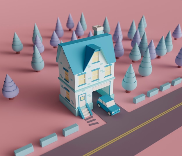 Foto gratuita vista della casa 3d con alberi