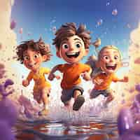 Free photo view of 3d kids running in water