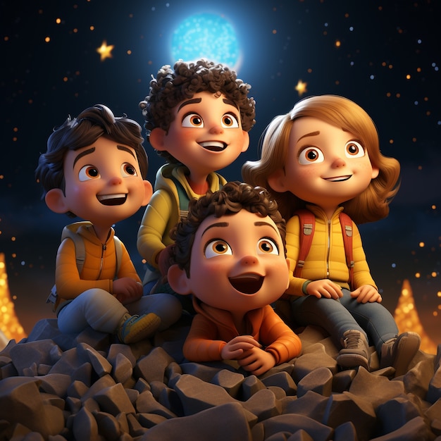 View of 3d kids with lanterns at night