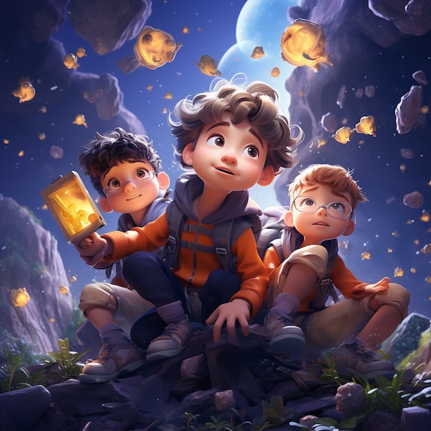 View of 3d kids with lanterns at night