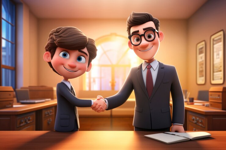 मुफ़्त फोटो view of 3d lawyer and client hand shake