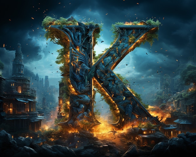 Vista della lettera 3d k con la vegetazione apocalittica in fiamme