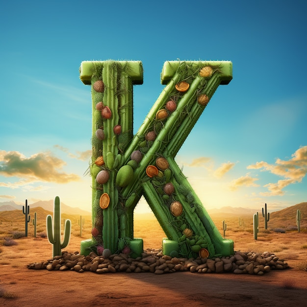 Foto gratuita vista della lettera 3d k con cactus nel deserto