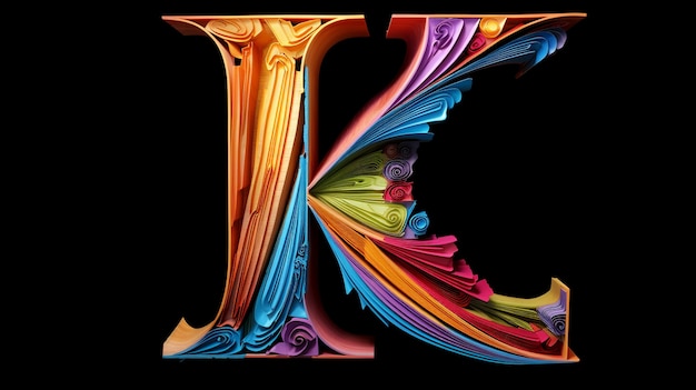 Free photo view of 3d letter k with colorful paper carvings