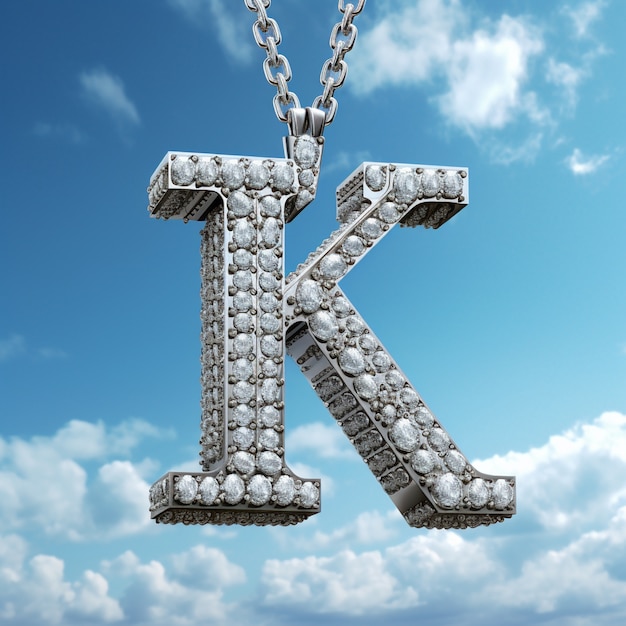 Вид 3d буквы k с драгоценными камнями и цепью