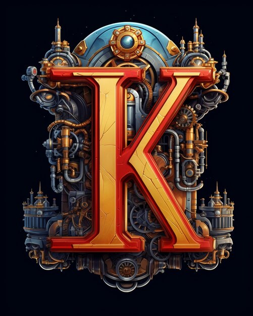 View of 3d letter k with steampunk design