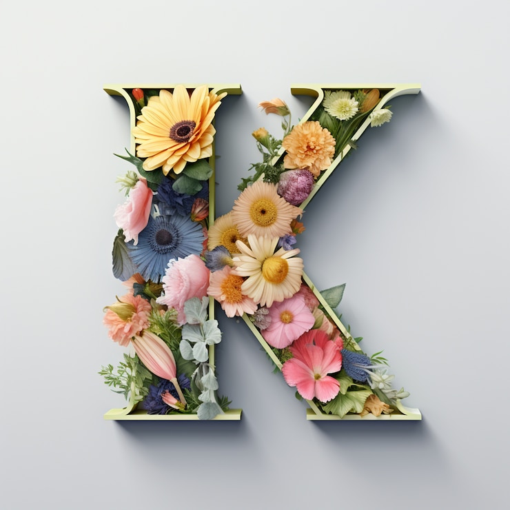 무료 Photo 식물과 꽃이 있는 3d 문자 k의 보기