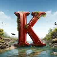 Free photo view of 3d letter k with vegetation and nature on water