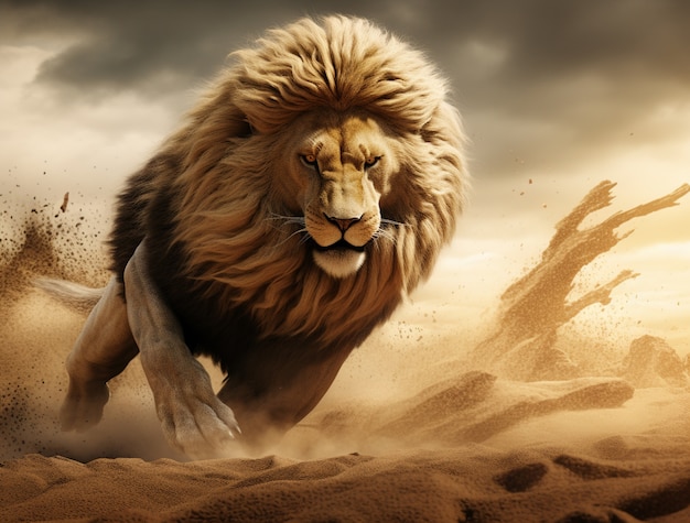 Free photo view of 3d lion with nature background